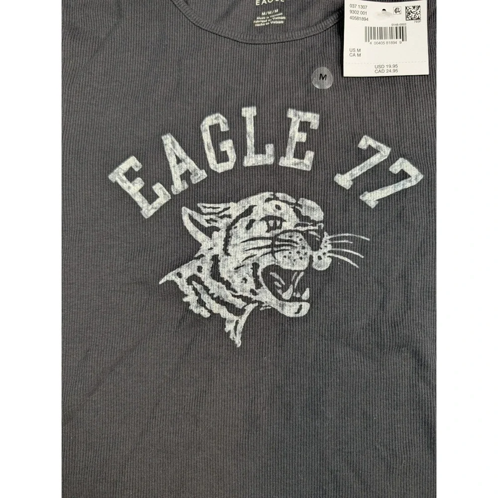 American Eagle Grey Ribbed Graphic Baby Tee Eagle 77 Tiger Short‎ Sleeve Medium